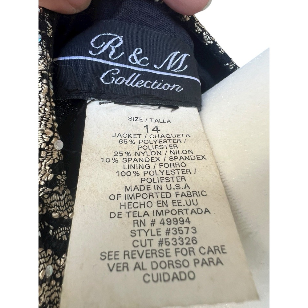 R&M Richards Vintage Black Gold Lace Sequins 1 Piece Layered Jacket Top Size 14 - Picture 5 of 6